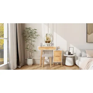 Schminktisch mit LED Spiegel Kommode mit 4 Schubladen und Hockern Holz - Holzfarbe - 70 cm X 134 cm X 35 cm