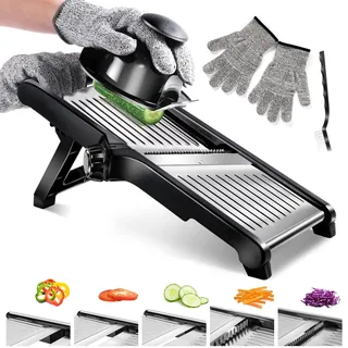 Masthome 5-in-1 Verstellbar Edelstahl Mandoline Gemüsehobel Gemüsereibe,Gurkenhobel Dünne Scheiben,Hobel Gemüse,Reibe für Gemüse,Küchenhobel Küchenreibe mit Schnittschutz Handschuhen & Bürste