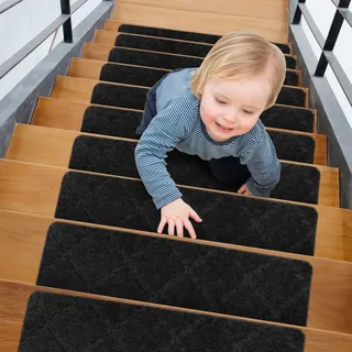 Wapasezyar 15 Stück Treppenstufen Matten, 55cm x 19cm Anti-Rutsch Stufenmatten, Treppenteppich Selbstklebend für Holzstufen, Treppenstufen Teppich für Kinder Ältere und Hunde (Schwarz)