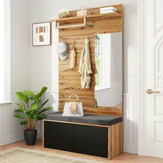 STILVORA Flurgarderobe Kompaktgarderobe mit Spiegel Wohnwand mit Soft-Close-Funktion und offene Ablagefächer,Garderobe mit Kleiderstange und Haken,Natur - Schwarz, Braun
