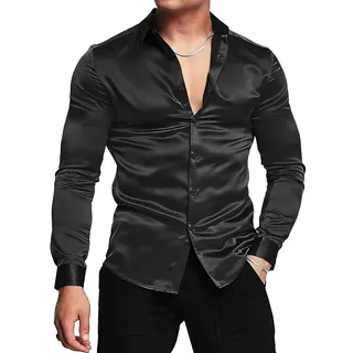 URRU Herren Luxus Glänzende Seide wie Satin Langarm Hemd Casual Slim Fit Muskel Button Up Hemden Schwarz XL