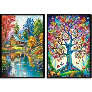 JISHSHAY 2er Set Diamond Painting Notizbuch Haus Diamant Painting Notizbücher Baum Diamaond Malerei Notebook Diamant Malerei Notizblock Diamantmalerei Journal Crystal Art Tagebuch 14.5×21cm