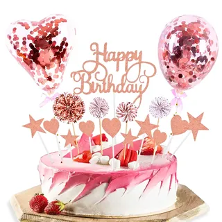 VYZUTR Tortendeko Roségold 17 Stück, Happy Birthday Kuchendeko, Kuchendeko Geburtstag Mädchen, Cake Topper, Papierfächer Sterne Herz Cupcake Tortenstecker für Geburtstag Dekoration Junge Mädchen