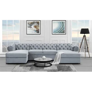 U-Form Ecksofa mit Schlaffunktion und Bettkasten Chester U-Shape Sofa im Chesterfield Stil, Stoff: paros 05 - hellgrau, Knöpfe: Zirkonia - Beige