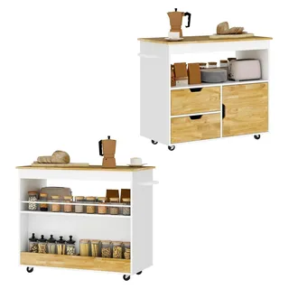 Küchenwagen Servierwagen mit Arbeitsplatte, Schubladen, Rollwagen und Küchenschrank mit Soft-Close-Tür, Griff, Kücheninsel mit offenem Fach für Büro, 107x50x85cm, Eiche