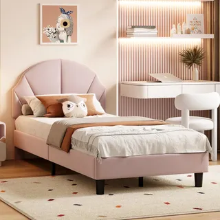 UnboxG Kinderpolsterbett 90x190cm Rosa Samt mit verstellbarem Kopfteil, Muschel-Design, Weiches Hautfreundliches Material für Mädchenzimmer - Rosa