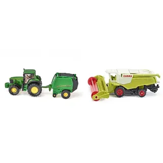Siku 1665, John Deere Traktor mit Ballenpresse inkl. 2 Ballen, Metal/Kunststoff, Grün, Bewegliche Teile & 1476, Claas Mähdrescher, Metall/Kunststoff, Grün, Bewegliche Haspel, Schwenkbares Abtankrohr