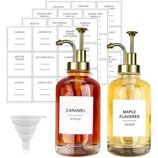 2 Stück Kaffeesirupspender mit 36 ​​Etiketten, Pumpspender, Kaffeebar, Minimalistische Glasahorn/Kaffeeflaschen, Einfache Sirupflaschen, Glas Spenderflaschen für Kaffee, Bar, Hausbar, 500 ml (Gold)