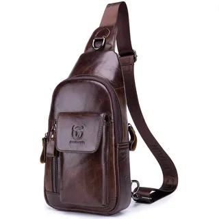 BULLCAPTAIN Herren-Umhängetasche, Leder, Schultertasche, lässiger Tagesrucksack, Brusttaschen für Reisen, Wandern, Rucksäcke, Kaffee