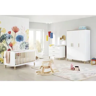 Pinolino Babyzimmer , Weiß, Eichefarben , Holzwerkstoff , 6 Fächer , 3 Schublade(n) Schubladen , zum Juniorbett umbaubar, höhenverstellbar, Sprossen mit Normabstand, zum Sitzsofa umbaubar, Aufbauanleitung im Karton, Lattenrost inklusive, Schlupfsprossen , Babymöbel & Kindermöbel, Babyzimmer, Babyzimmer-Serien