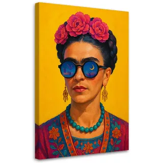 Feeby Leinwandbild Frida Kahlo Porträt einer Frau Pop Art 70x100cm , Gelb , Textil , Person/Charakter , Rechteckig , 70x100 cm , Bilder & Rahmen, Bilder, Leinwandbilder