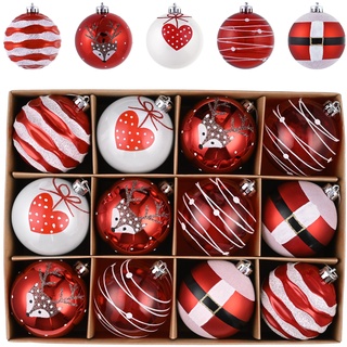 Valery Madelyn Weihnachtskugeln, 12 Stücke 8cm Christbaumkugeln Kunststoff Weihnachtskugel Weihnachtsdeko mit Aufhänger Geschenkpaket Weihnachtsbaumschmuck Rot Weiß Thema