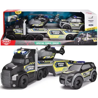 Dickie Toys - Special Force Spielzeugautos ab 3 Jahre - Fahrzeug-Set mit großem Truck (70 cm) inkl. Licht & Sound, Anhänger, Helikopter & Auto, Polizei-Spielzeug für Kinder, mit Batterien