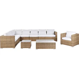 BELIANI Gartenmöbel Set Hellbraun Rattan u. Aluminium Modular mit 2 Couchtischen Mehrere Kissen Cremeweiß 8-Sitzer Lounge Set Terrasse Outdoor Modern - Braun, Weiß