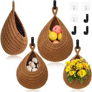 Hängende Obstkörbe für die Küche – 3 Stück, Boho-Wandbehang mit 6 starken Haken, handgewebter Hängehalter, Tropfenform, für Zuhause, für Obst, Gemüse, Kartoffeln, Zwiebeln, Aufbewahrung (Leinen)