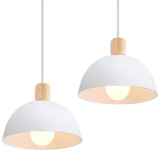 iDEGU 2 Stück Ø20cm Hängelampen Retro E27 LED Hängeleuchte Moderne Skandinavisch Deckenleuchte aus Metall Holz Pendelleuchte für Schlafzimmer Esszimmer Küche Restaurant (Weiß, 2 Lampen)