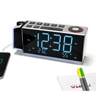 Projektionswecker, iTOMA FM-Dual Alarm-Radiowecker, USB-Aufladung, Digital-FM-Radio, Nachtlicht, 1,8" Ice Blue-LED-Anzeige, Auto & Manual Dimmer (CKS509)