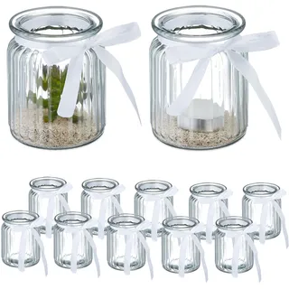 Relaxdays Windlicht, 12er Set, aus Glas, Teelichtgläser mit Schleife, innen & außen, Teelichthalter Deko, transparent