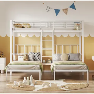 MODFU Etagenbett Metallbett Kinderbett 90x200cm mit Rausfallschutz und mit Drei Matratze,Tisch, Hochbett Bettgestell mit Lattenrost, Leiter und Ablage für 3 Kinder, Weiß - Weiß
