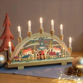 Hellum Schwibbogen Weihnachten innen Motiv Sternsänger, Fensterbeleuchtung Weihnachten innen mit 10 Kerzen (+ Ersatz) 45x31,5cm, Lichterbogen Schwippbogen mit Strom und Schalter 151817