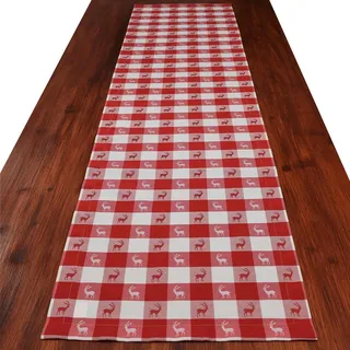Tischläufer Landhaus-Tischdecke Karo mit Hirsch in Rot 40 x 160 cm rechteckig | rot-weiß Karierter Webstoff langlebig | rustikaler Landhaus-Stil | Tischdeko für Küche, Esszimmer, Gästezimmer