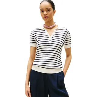 Tommy Hilfiger Damen Poloshirt Kurzarm Cable Sweater mit Knopfleiste, Mehrfarbig (Ivory Silk/Dark Night Navy STP), M