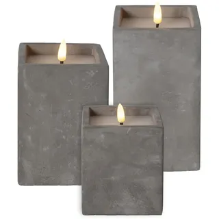 Star Trading LED Blockkerze - Flamme Cem' - Zement - grau - 3er-Set - Elektrische Echtwachs LED Kerzen mit flackernder Flamme und Timer - batteriebetrieben - Beton-Look für stilvolle Dekoration