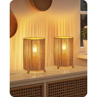 GOEBLESON Kleine Nachttischlampe 2er Set, Boho Tischlampe Rattan mit Kabel, mit LED-Birne 4W, 2400K, Tischleuchte Vintage, Lamperschirm aus Papier mit Gestreifte Seilweberei ZS11TLDP205