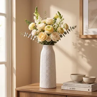 hjn Große weiße Vase, Keramikvase für Heimdekoration, Blumenvase für Tafelaufsätze, hohe Vasen für Wohnzimmer/Bücherregal/Kaminsims/Tisch, weiße Textur, groß