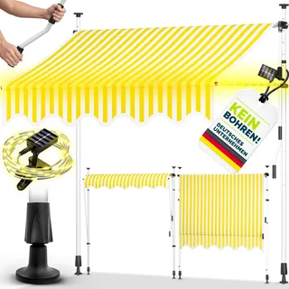 tillvex Klemmmarkise 300 cm Gelb/Weiß mit Solar LED mit Handkurbel Balkon | Balkonmarkise ohne Bohren | Markise UV-beständig & höhenverstellbar | Sonnenschutz wasserdicht - Gelb, Weiß