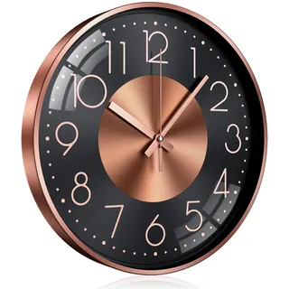 TOKTEKK Wanduhr Ohne Tickgeräusche Lautlos Modern wanduhren 12 Zoll Rund Geräuschlos Küchenuhr Aluminium Wall Clock Für Wohnzimmer Küche Schlafzimmer Und Büro(Roségoldene Ziffern)