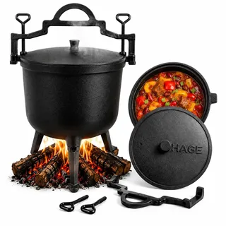 HAGE Gulaschkessel Gusseisen 10L mit Deckel und Standfüßen Dutch Oven Feuertopf für Lagerfeuer Grill Camping Ungarischer Gulaschtopf Schmortopf für Eintopf Suppe Fleisch und BBQ