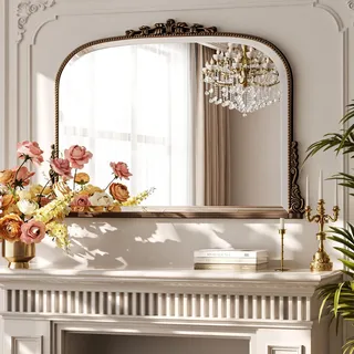BEAUTYPEAK Wandspiegel Bogen 90x67 cm, Barock Spiegel oval mit Kupfer Rahmen, Bruchsicherer Vintage Wandspiegel, Großer Dekospiegel für Wohnzimmer, Bad, Flur
