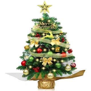 60cm Mini Weihnachtsbaum mit LED Beleuchtung,Kleiner Künstlicher Weihnachtsbaum mit Beeren Weihnachtskugel Tannenzapfen Christbaumspitze Stern deko für Home Office Bar Esstisch Dekorationen