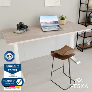 Höhenverstellbarer Schreibtisch (140 x 70 cm) - Sitz- & Stehpult - Bürotisch Elektrisch Höhenverstellbar mit Touchscreen & Stahlfüßen - Weiß/Eiche - Weiß, Hellbraun