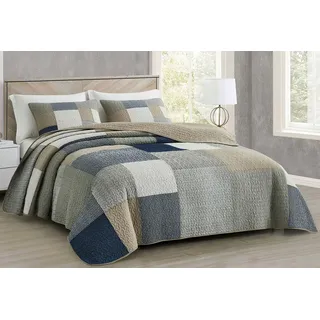 Chezmoi Collection Addy 2-teiliges Patchwork-Steppdecken-Set in Marineblau/Weiß/Grau/Taupe – vorgewaschene Baumwolldecke – leichte Wende-Tagesdecke, Doppelbett-Größe