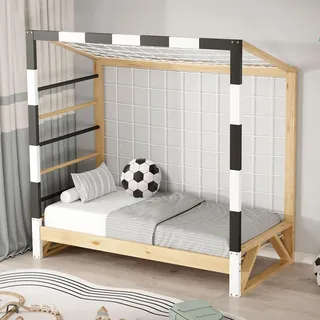 ML-Design Kinderbett Fußballtor 70x140 cm Holzbett mit Lattenrost Kletterleiter & Netz Jugendbett aus Kiefernholz Einzelbett für Kinder Handballtor - Weiß