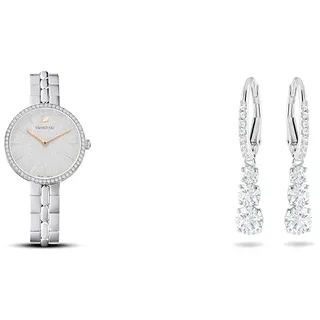 Swarovski Cosmopolitan Uhr, Metallarmband, Silberfarben, Edelstahl & Attract Trilogy Ohrringe, Weiss, Rhodiniert