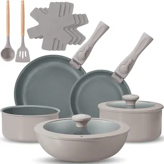 BEZIA 17-Teilig Topfset mit Abnehmbarer Griff, Pfannenset mit Keramik Antihaft Beschichtet, Induktion Töpfe Set für alle Herdarten, Stapelbar Topfset Induktion,Camping Kochgeschirr-Set,Ofenfest