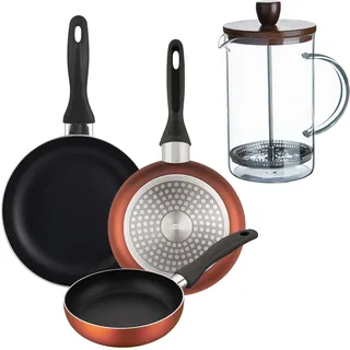 Well Home Set mit 3 Pfannen, Ø 16 x 20 x 24 cm, aus gepresstem Aluminium in Kupfer metallic + Kaffeebereiter aus Borosilikatglas, 15,8 x 10 x 18,8 cm