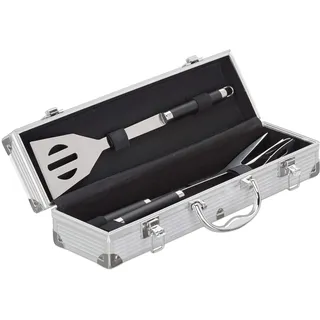 Relaxdays Grillbesteck Set, Profi, Edelstahl 3-teilig, Koffer, hochwertig, Grillzange, Grillgabel, Grillwender, silber