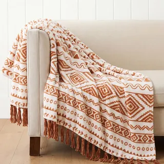 CASAAGUSTO Boho-Überwurfdecke, Terrcotta, dekorative Decken mit Quaste, Bedruckt, Flanelldecke für Stuhl, Bett, Sofa, Couch (50 x 60 cm, Terrcotta)