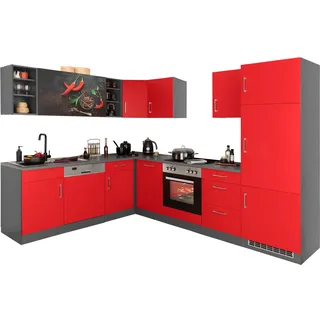KOCHSTATION Küchenzeile »KS-Paris – Küchen mit einzigartigen Fotomotiven auf den Fronten« ohne E-Geräte, Stellbreite 220/280 cm, rot