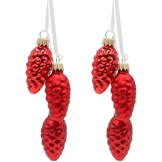 Edler Lauschaer Christbaumschmuck - Krebs Glas Lauscha - Christbaumschmuck Glaszapfen 2er Set mit 3 Tannenzapfen in Rot mit Textilband 6cm, Glanz, matt, glitzernd.