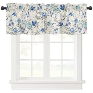Frühling Sommer Blau Blumenvorhang Volants für Küche Fenster Aquarell Grau Weiß Französisch Landhaus Stangentasche Volant Fenster Behandlungen 1 Panel Kurze Vorhänge 137 x 45 cm für Schlafzimmer
