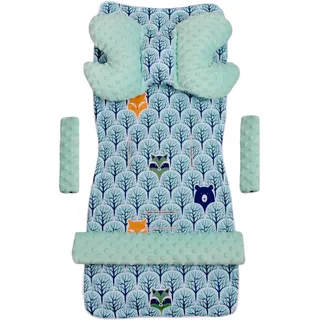 Medi Partners Sitzauflage Kinderwagen Buggy Baby Sommer Kindersitz Einlage Universal - 5tgl Gurtpolster + Spielbogen Kinderwagenset Babyschale (Wald mil minzer Minky)