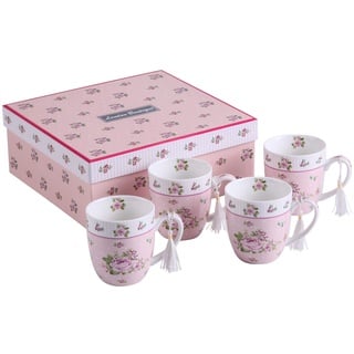 London Boutique k414 COFFEE CUPS ROSE PINK Kaffeetassen-Set aus feinem Porzellan, Shabby-Chic, Vintage-/Retro-Stil, Flora, Geschenk für sie, 330 ml, Rosarot, 4 Stück