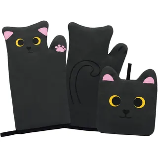 Yamepuia Ofenhandschuhe - Schwarze Katze Topflappen Handschuh,Niedlich KüChenhandschuhe Mit Topflappen ,Weich Lustig Katze Kochhandschuhe für Backen Mikrowelle,30 X20 cm,Schwarze