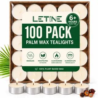 LETINE Natürlich Teelichter 100 Stück, 6 Stunden, 100% Palmwachs, Weiß