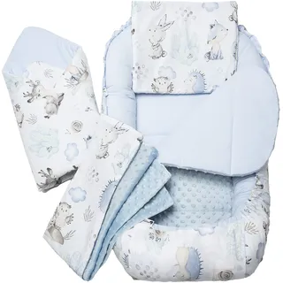 Medi Partners Babynest Nestchen Baby Set für Neugeborene - 100x60x15 Kuschelnest 5 teilig tragbar Nest zweiseitig Babynestchen Bett 100% Baumwolle (Hirsch und Igel mit Hellblau Minky)